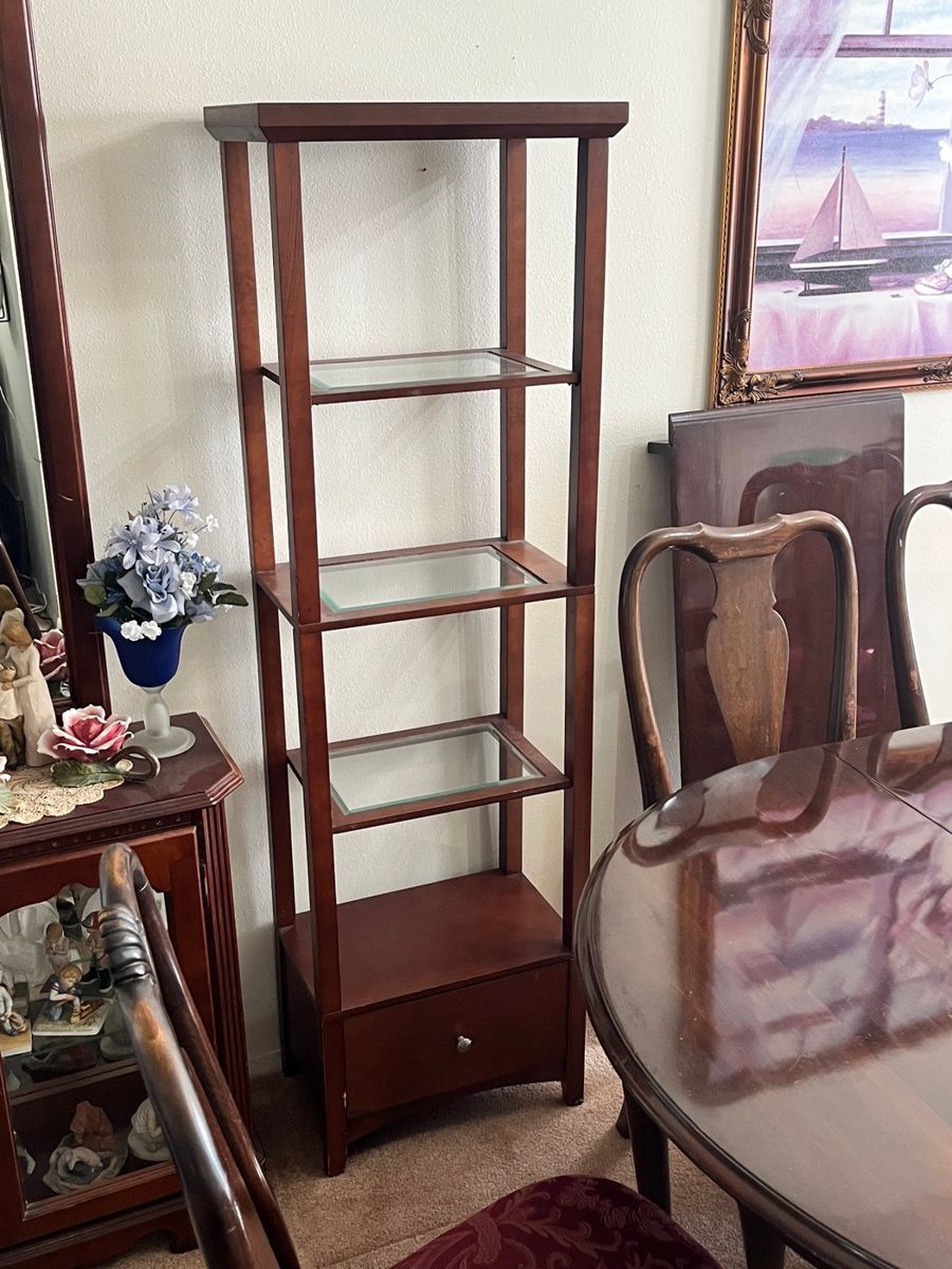 Tall Display Shelf with Glass Shelves and Drawer